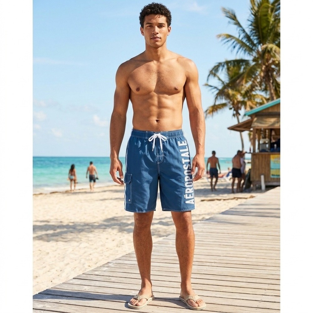 Aeropostale Swim Trunks Men's Size L Cargo Shorts Beach Logo Drawstring Blue Y2K